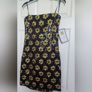 B Darlin Black and Gold Sheath Cocktail Dress